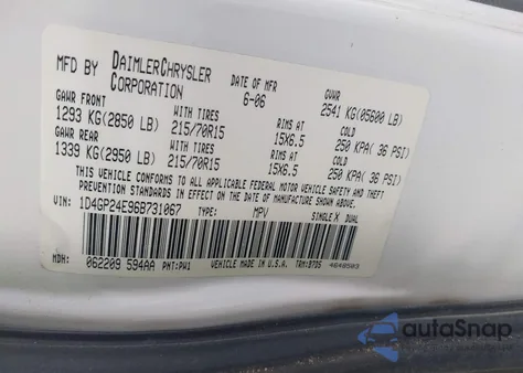 2006 Dodge Grand Caravan Se z USA, uszkodzony, nr VIN 1D4GP24E96B731067